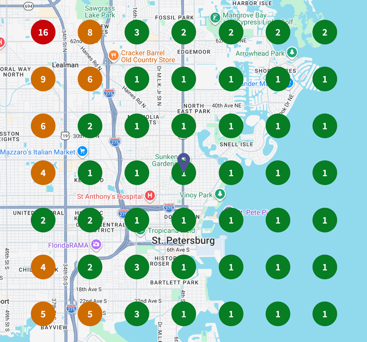 Google Maps grid rank tracking showing #1 rankings across St. Petersburg