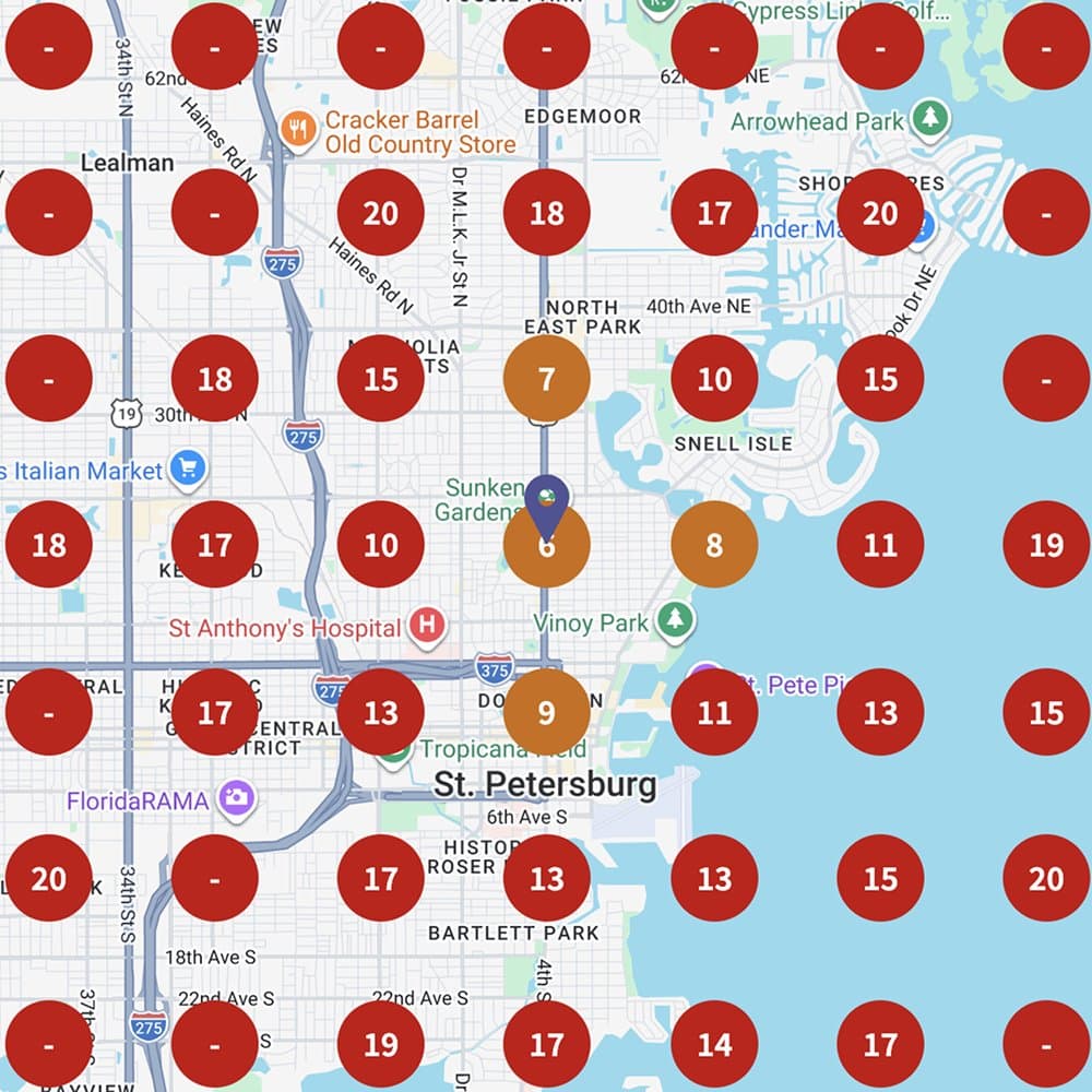 Map scan showing poor rankings before optimization